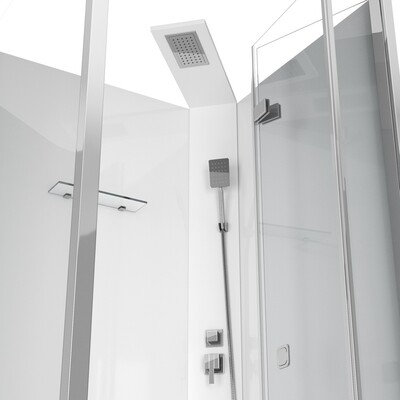 BELLA901T (90*90*215-225) Душевая кабина без крыши, квадратный низкий поддон, центральная панель, тропический душ, ручной душ, полочка, прозрачное переднее стекло 5 мм, прозрачное боковое стекло 6 мм,сверхпрозрачное заднее белое стекло 5 мм, сифон, дверь (вид 1) BELLA901T (90*90*215-225) Душевая кабина без крыши, квадратный низкий поддон, центральная панель, тропический душ, ручной душ, полочка, прозрачное переднее стекло 5 мм, прозрачное боковое стекло 6 мм,сверхпрозрачное заднее белое стекло 5 мм, сифон, дверь (фото, вид 1)